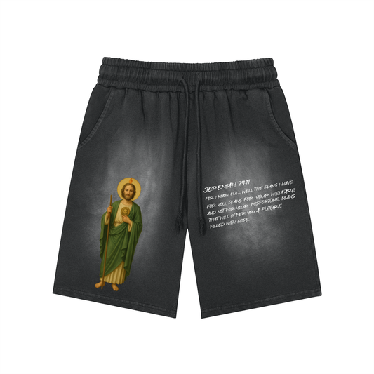 Saint jude Rectangle Patch Monkey Washed Shorts  - 360 GSM