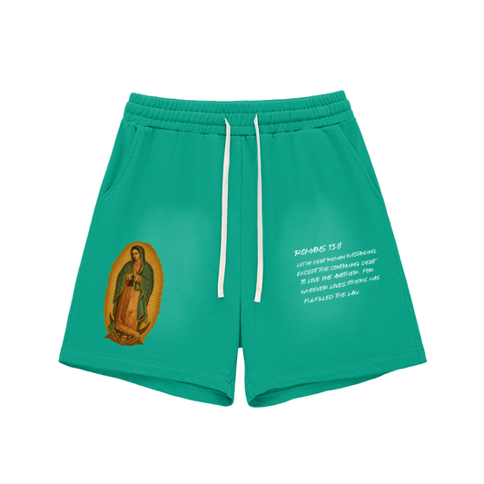 The Virgin Mary Sun Fade Raw Edge Cotton Shorts green