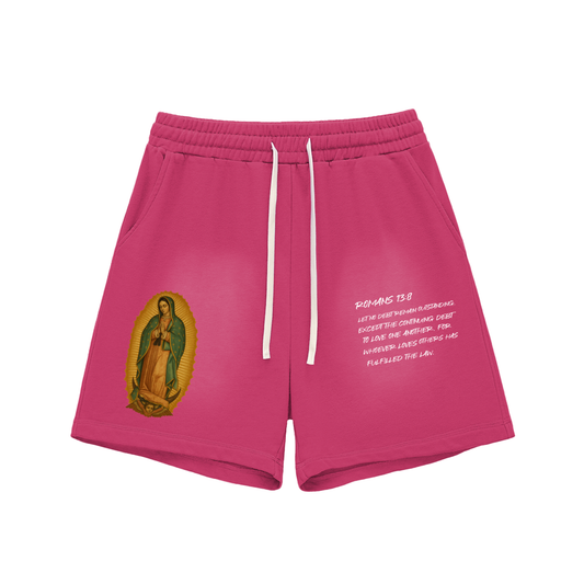 The Virgin Mary Sun Fade Raw Edge Cotton Shorts rose red