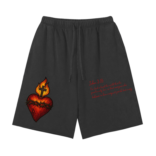 Sacred Heart Of Jesus Scattered Edge Vintage Washed Shorts - 350 GSM